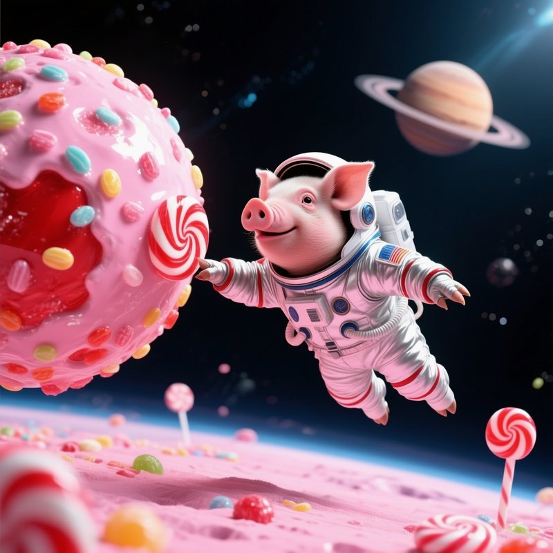 A Crazy Animal Image A Pig Astronaut Discovering A Candy Planet
