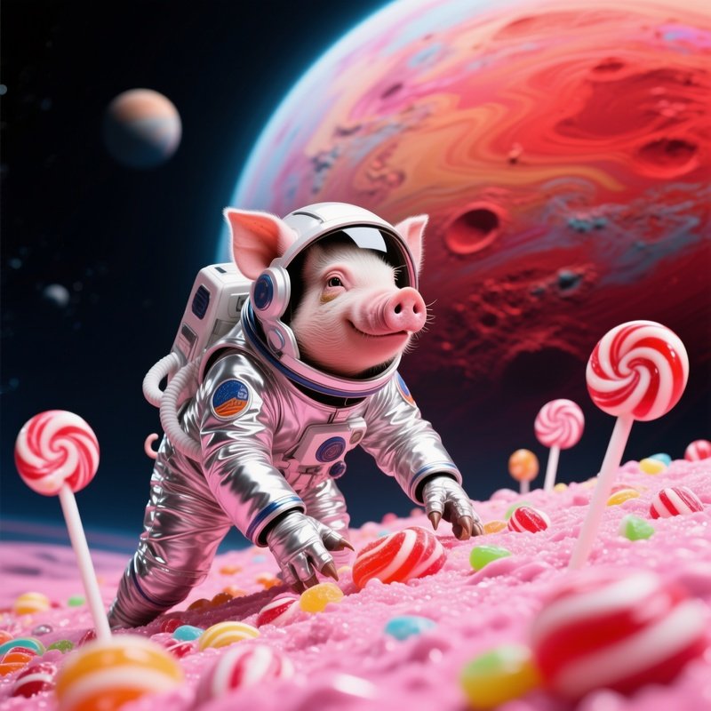 A Crazy Animal Image A Pig Astronaut Discovering A Candy Planet