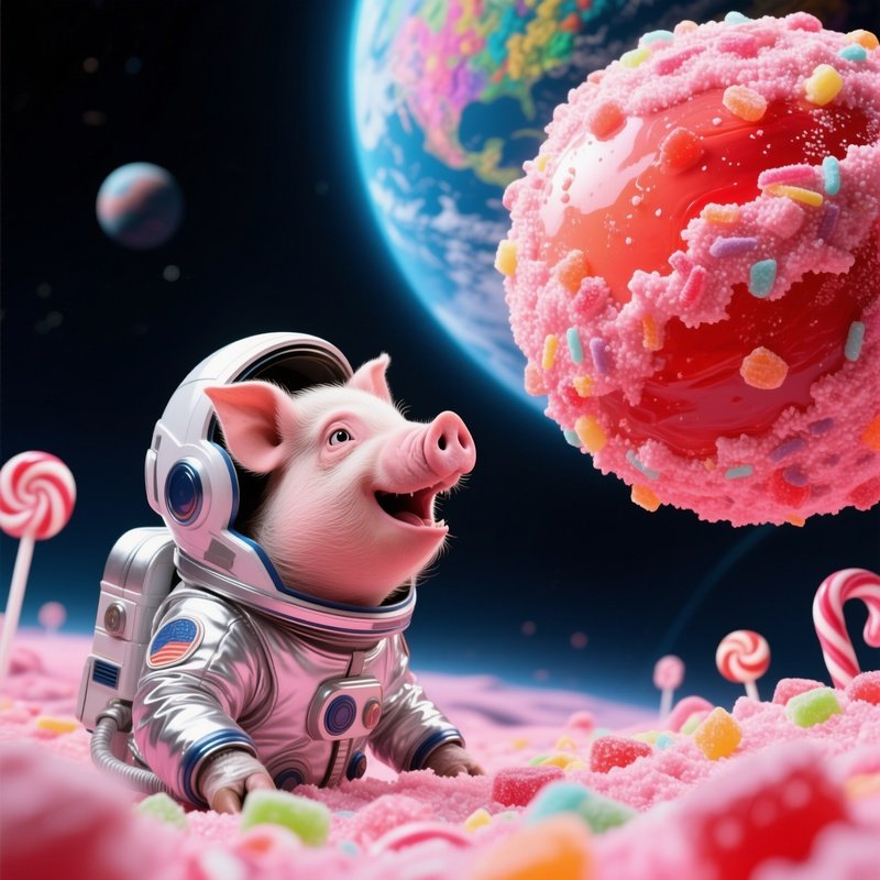 A Crazy Animal Image A Pig Astronaut Discovering A Candy Planet