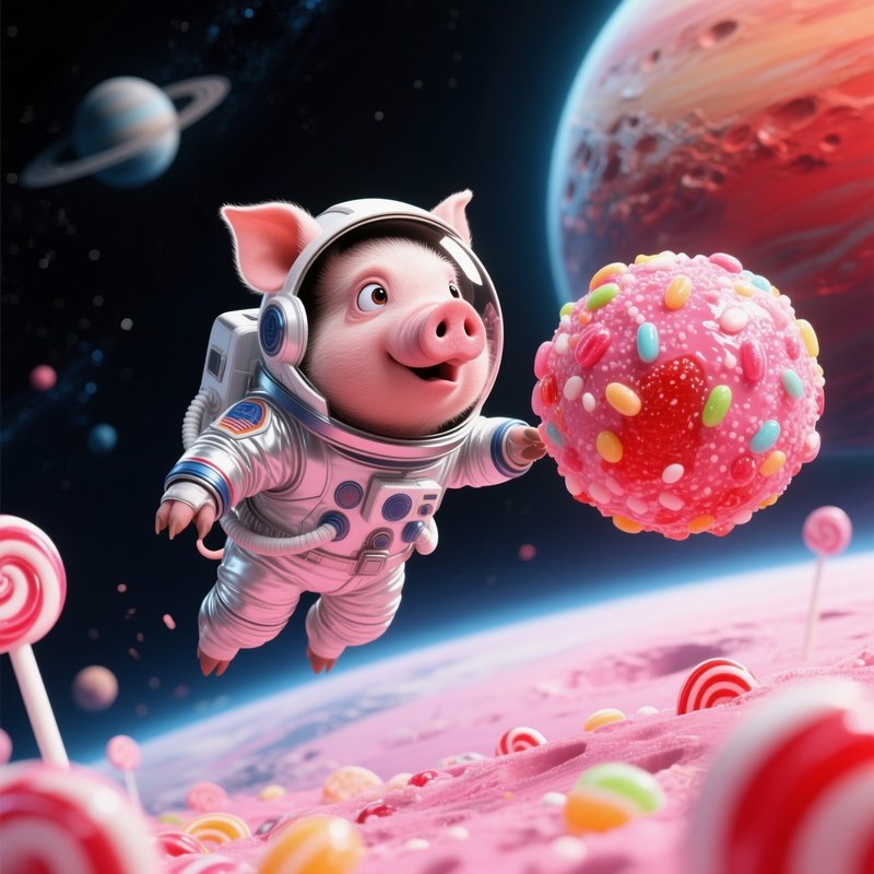 A Crazy Animal Image A Pig Astronaut Discovering A Candy Planet