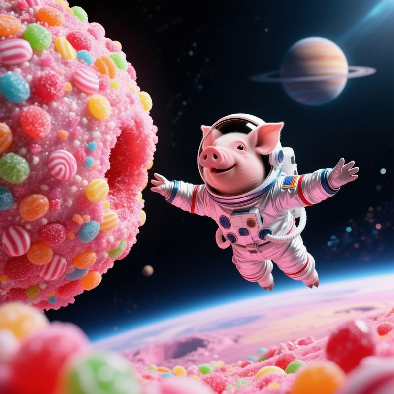 A Crazy Animal Image A Pig Astronaut Discovering A Candy Planet