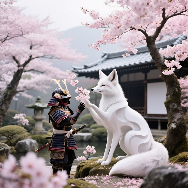 A Crazy Animal Image Of A Fox Samurai Under Cherry Blossom Trees Variant