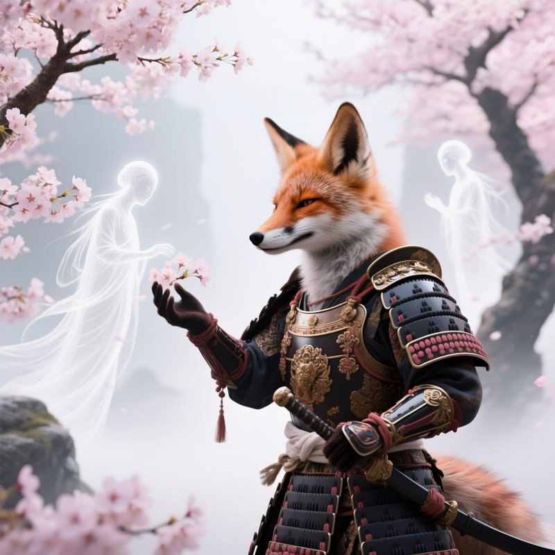 A Crazy Animal Image Of A Fox Samurai Under Cherry Blossom Trees Variant