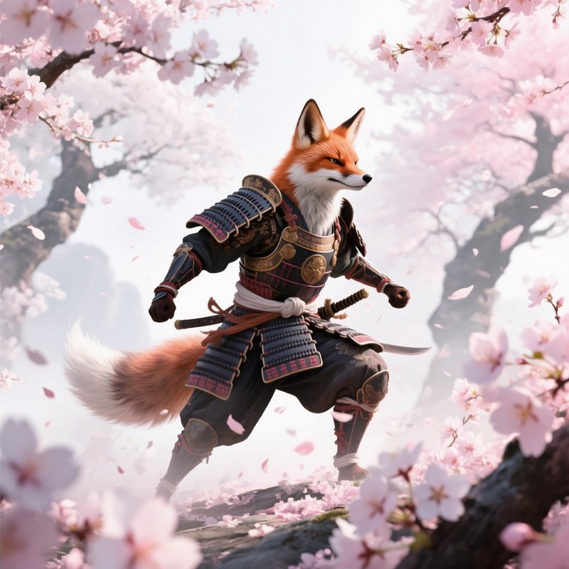 A Crazy Animal Image Of A Fox Samurai Under Cherry Blossom Trees