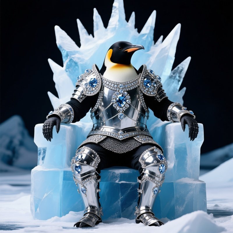 A Crazy Animal Image Of A Penguin King Sitting On An Ice Throne With Diamond Armor