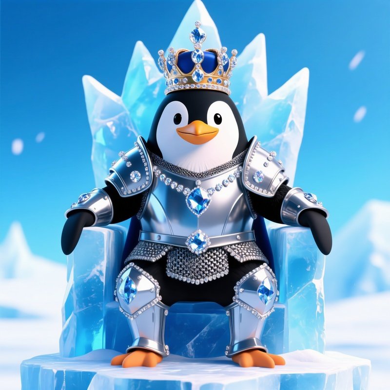 A Crazy Animal Image Of A Penguin King Sitting On An Ice Throne With Diamond Armor