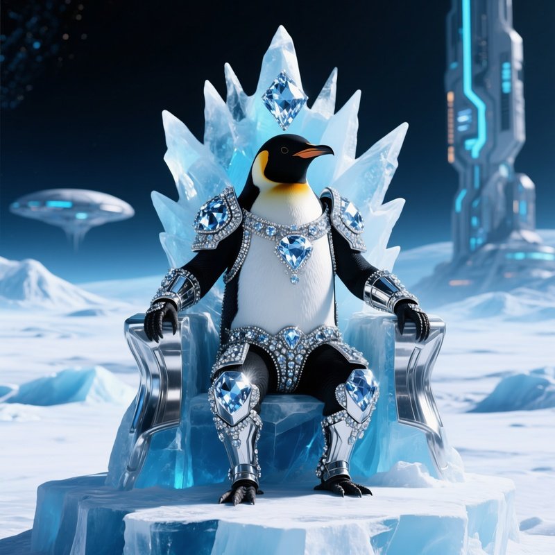 A Crazy Animal Image Of A Penguin King Sitting On An Ice Throne With Diamond Armor