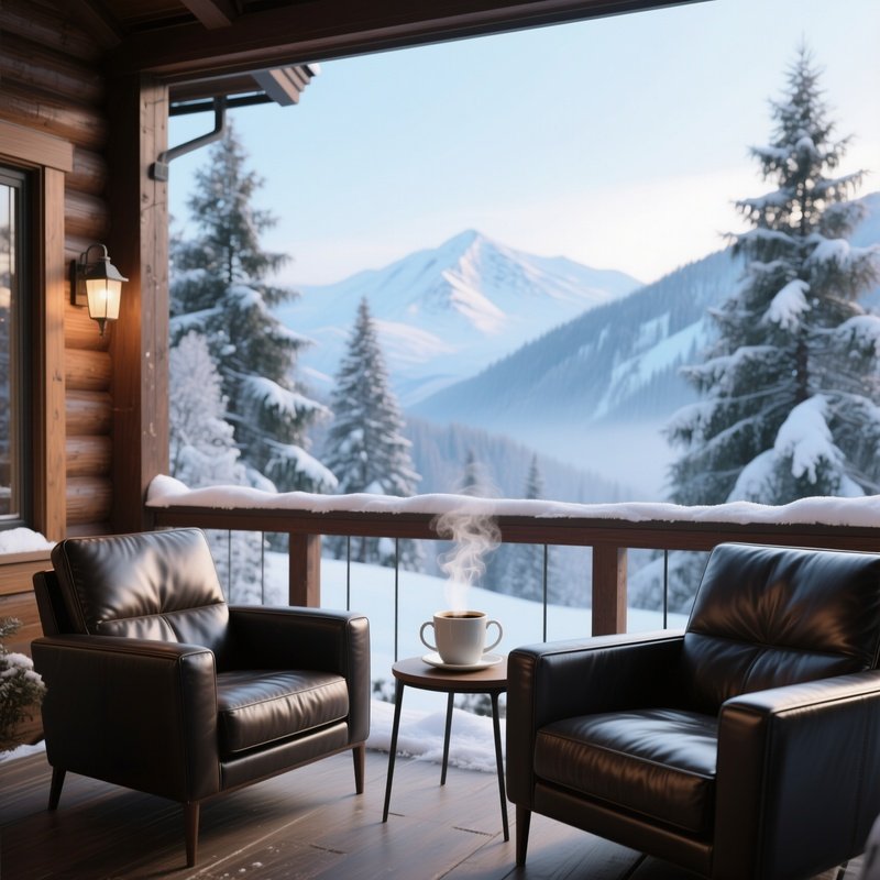 A Crisp Winter Morning On A Snowy Mountain Lodge Balcony, Featuring Sleek Leather Armchairs, A