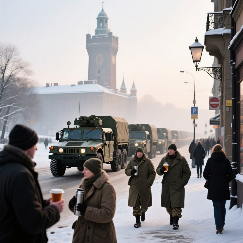 A Crisp Winter Morning Where A Convoy Of Military Vehicles Passes In Front Of The Main Tower,