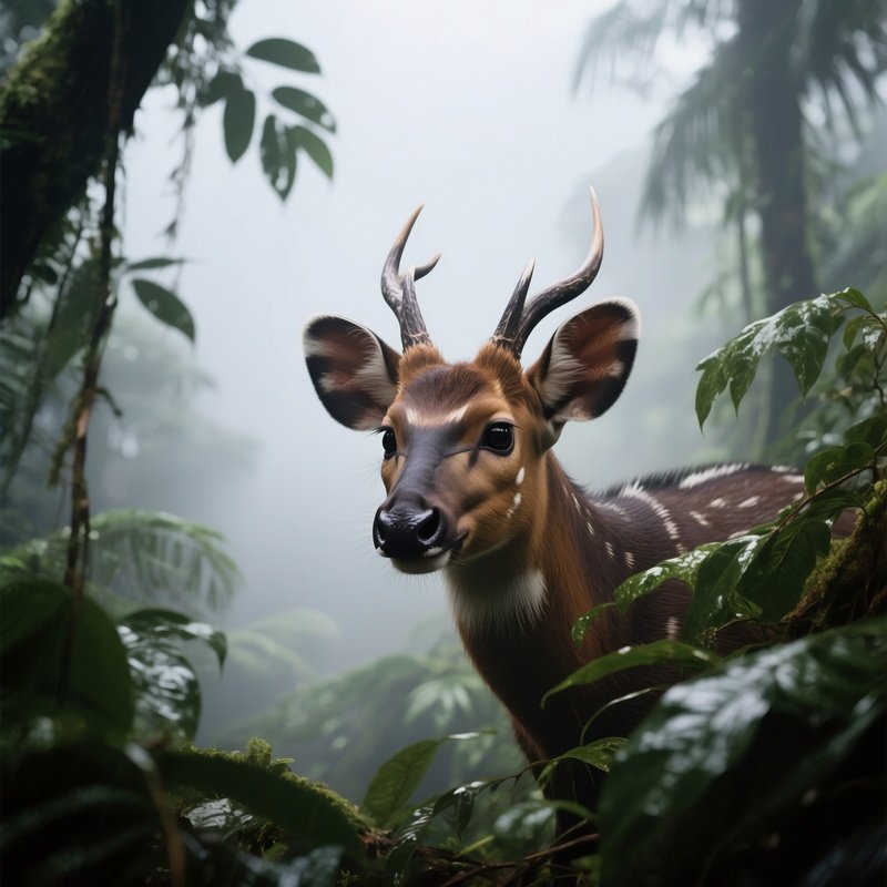 A Critically Endangered Saola Peering Through Misty Jungle Foliage.