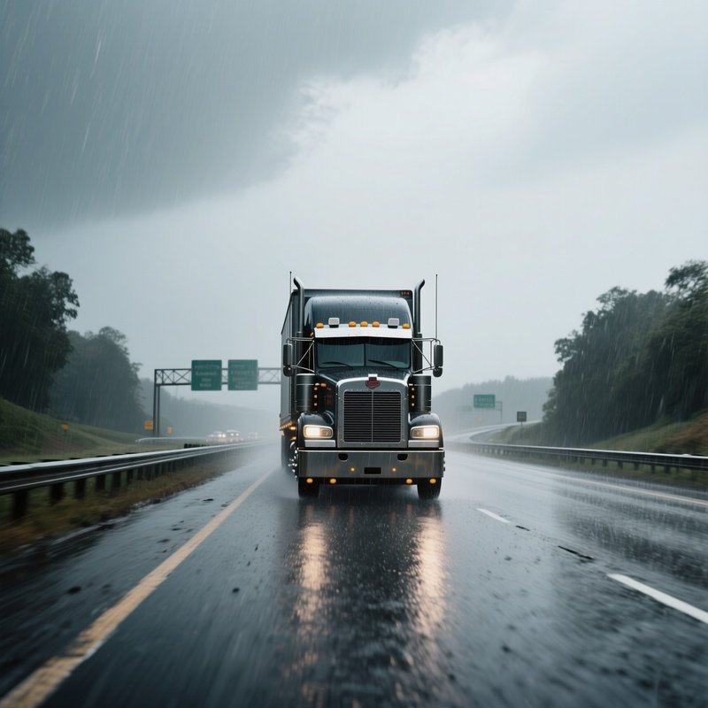 A Cross Country Semi Driving Through Heavy Rain On A Wide Freeway