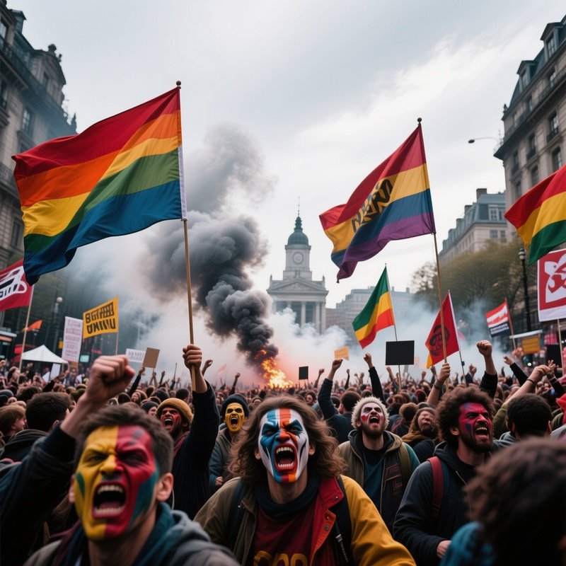 A Crowded Protest Rally In A City Square, Flags Waving With Bold Primary Colors, Faces Painted With