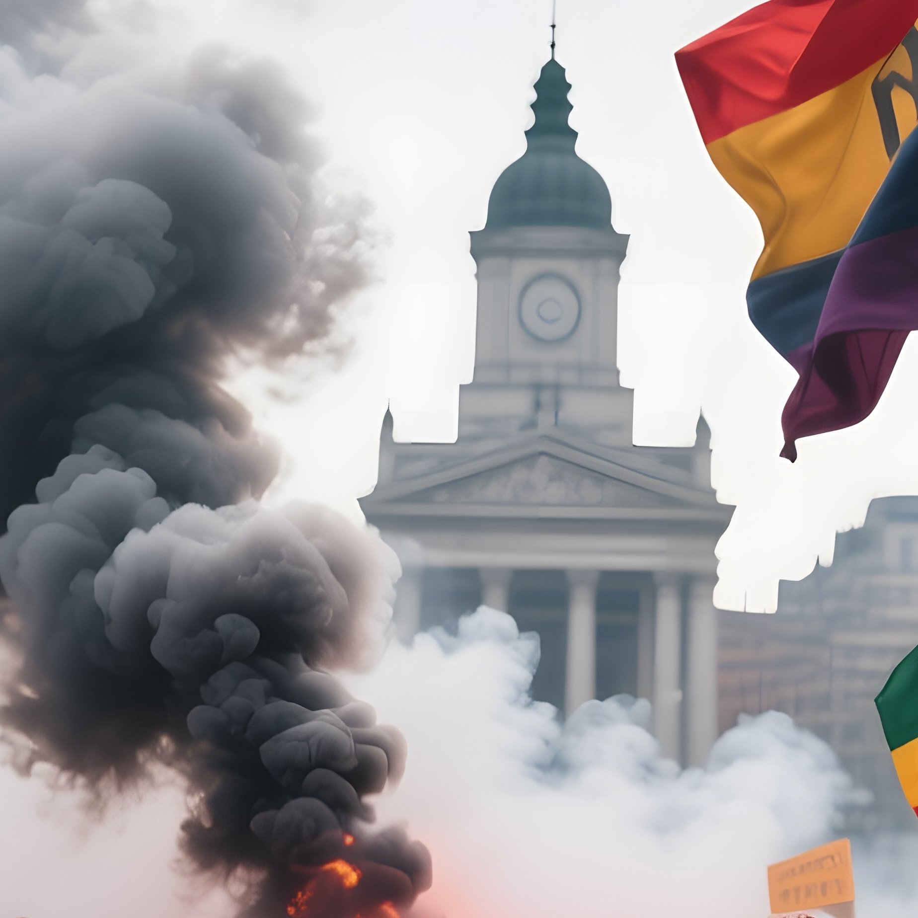 A Crowded Protest Rally In A City Square, Flags Waving With Bold Primary Colors, Faces Painted With - Full Resolution Quality Preview