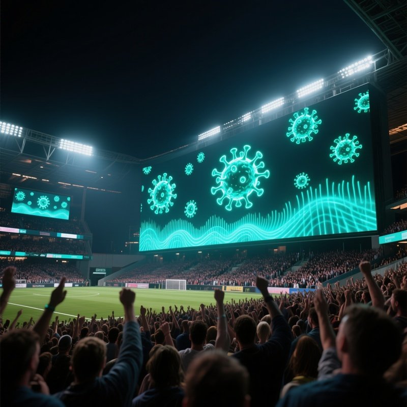 A Crowded Stadium Under Floodlights, Giant Screens Displaying A Synchronized Wave Of Glowing Virus