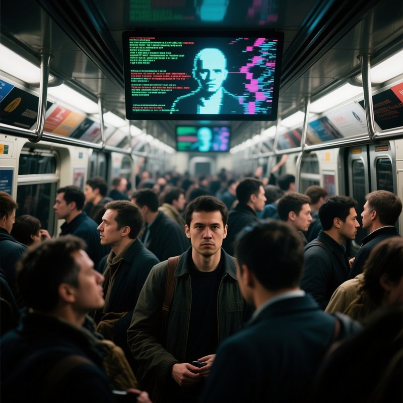 A Crowded Subway Car During Rush Hour, Commuters’ Faces Lit By Flickering Screens Displaying