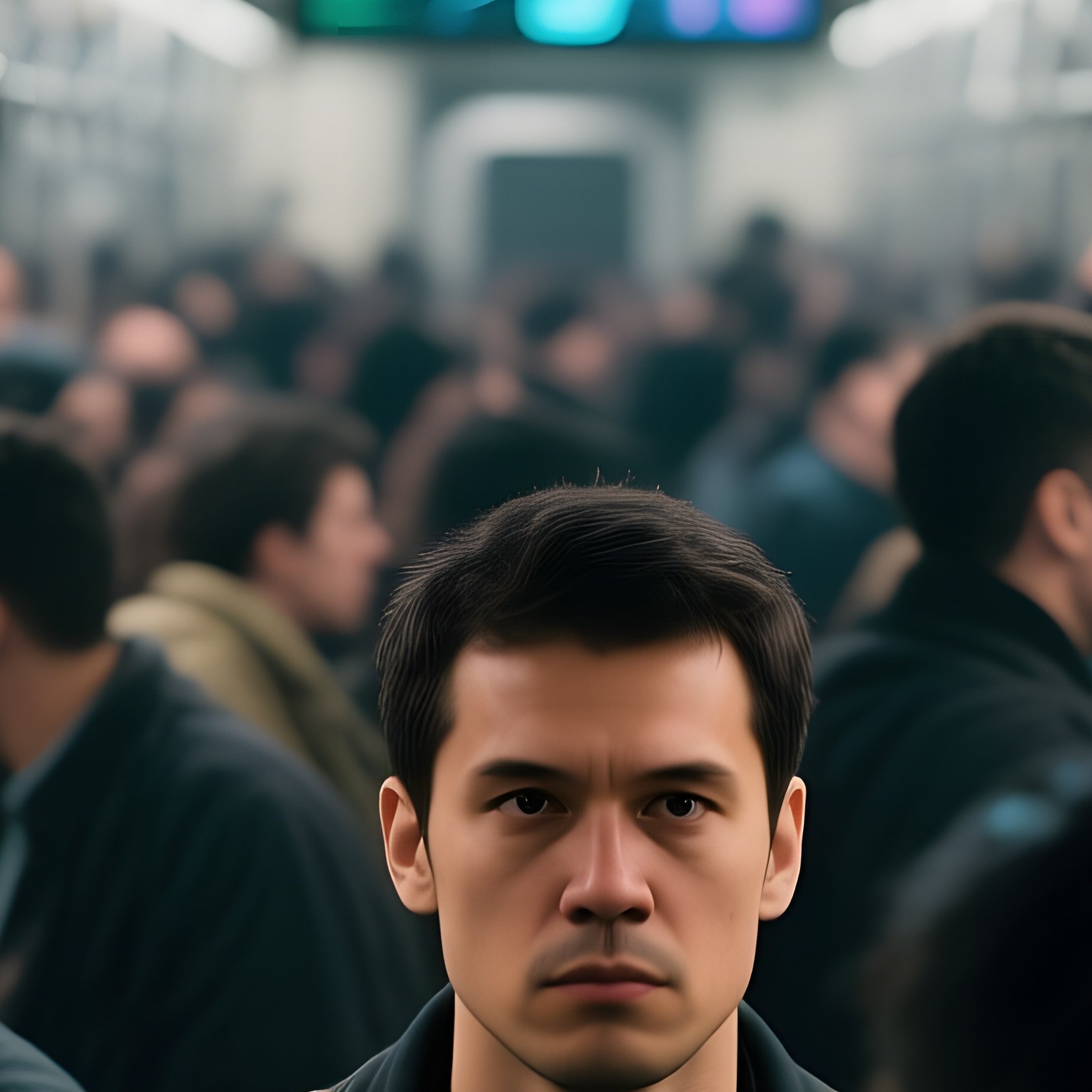 A Crowded Subway Car During Rush Hour, Commuters’ Faces Lit By Flickering Screens Displaying - Full Resolution Quality Preview