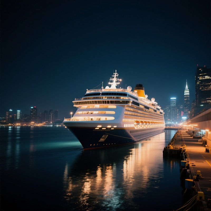 A Cruise Liner Illuminated At Night Leaving A Bright City Harbor