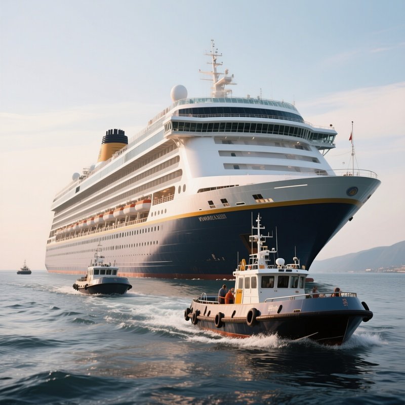 A Cruise Ship Anchored Offshore With Tender Boats Approaching