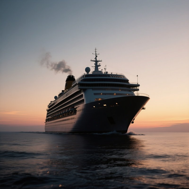 A Cruise Ship’S Silhouette Crossing The Horizon At Dusk