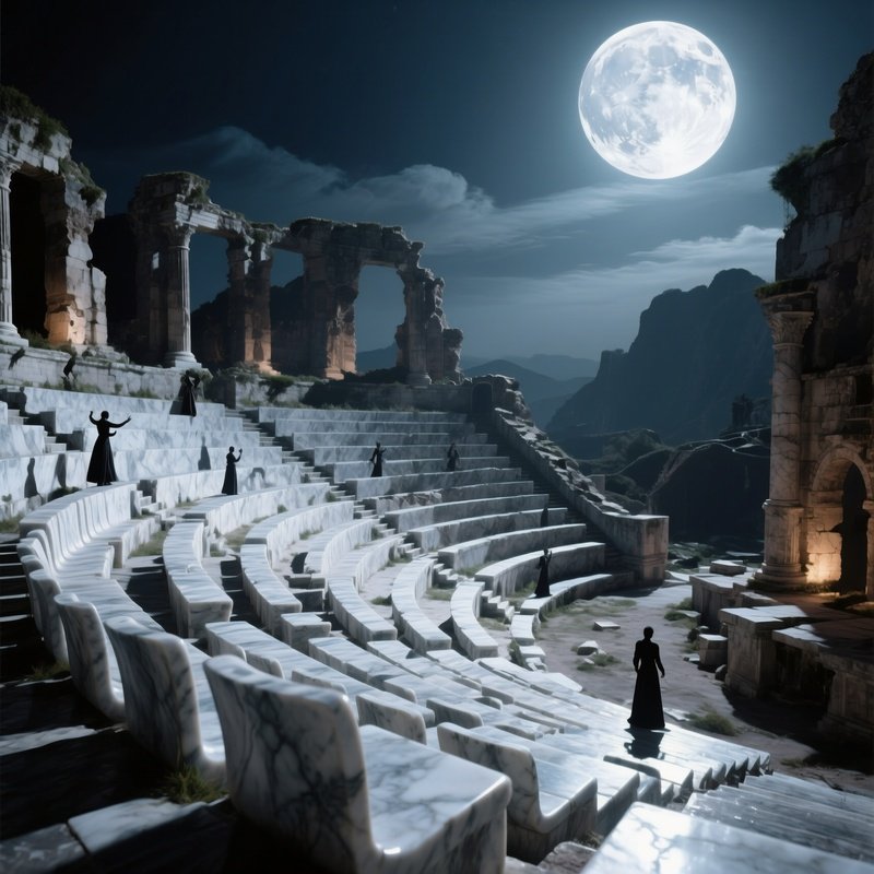 A Crumbling Ancient Amphitheater Under A Full Moon, Marble Seats Illuminated By Silver Light,