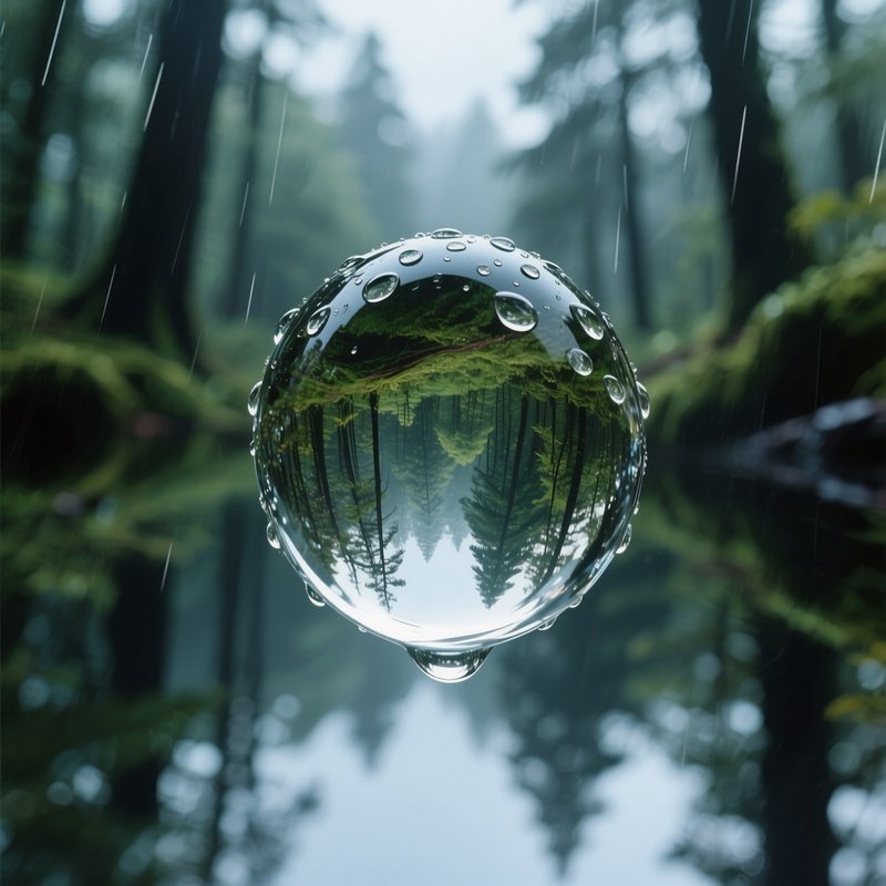 A Crystal Clear Raindrop Reflecting An Entire Forest Upside Down.