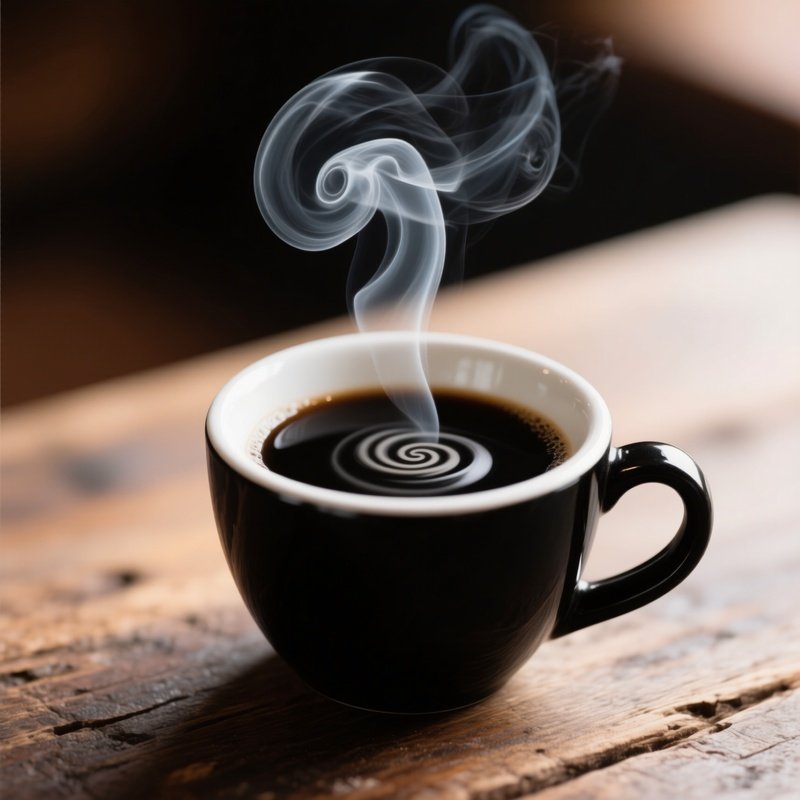 A Cup Of Black Coffee With Steam Rising In A Spiral Shape