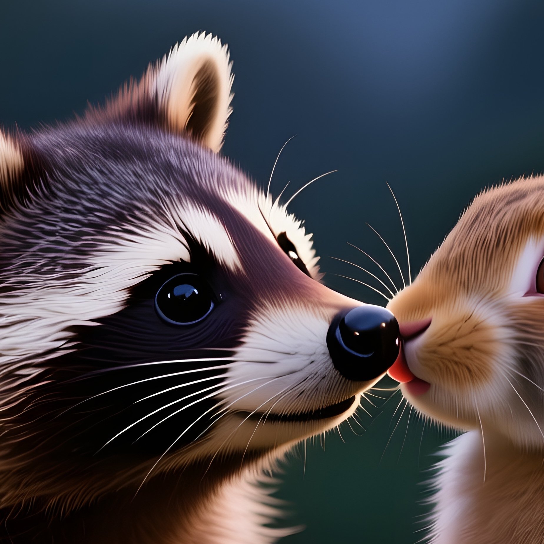 A Curious Raccoon And A Gentle Rabbit Press Noses Together For A Sweet Kiss On A Garden Fence - Full Resolution Quality Preview