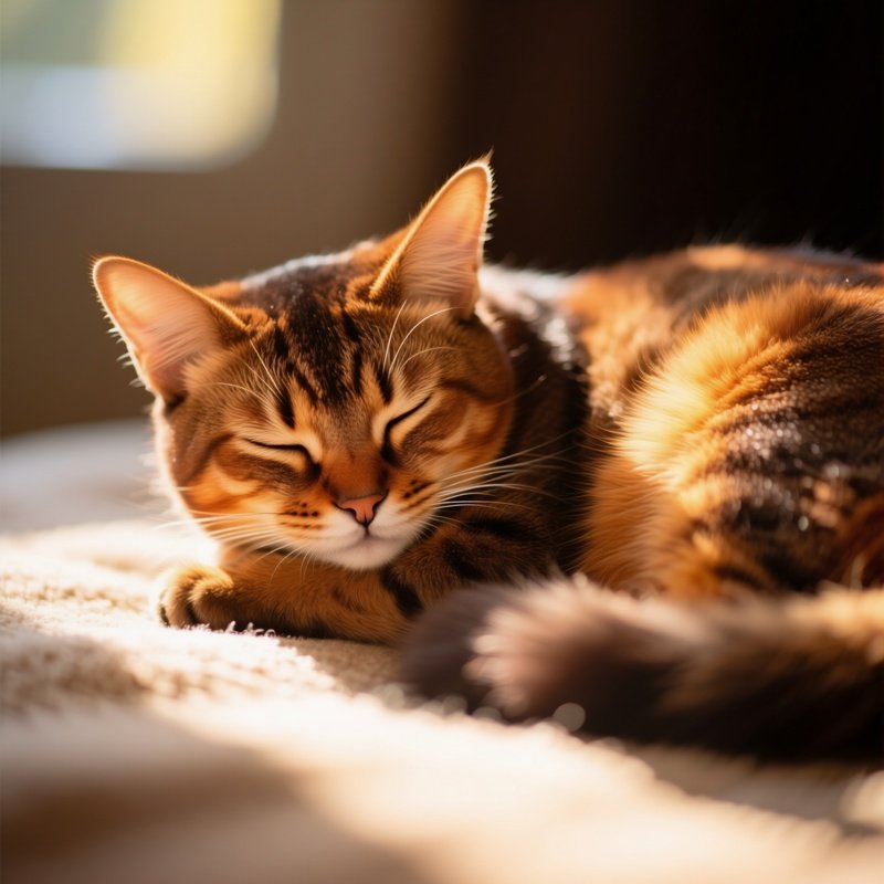A Cute Cat Somali Sleeping In A Sunbeam