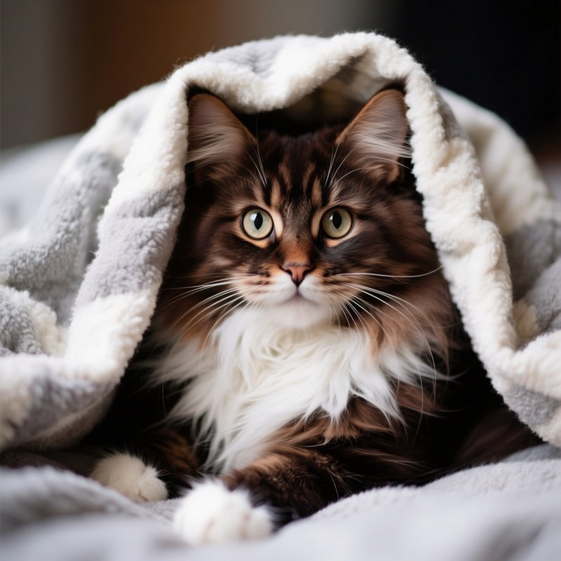 A Cute Maine Coon Cat Peeping Under Blanket