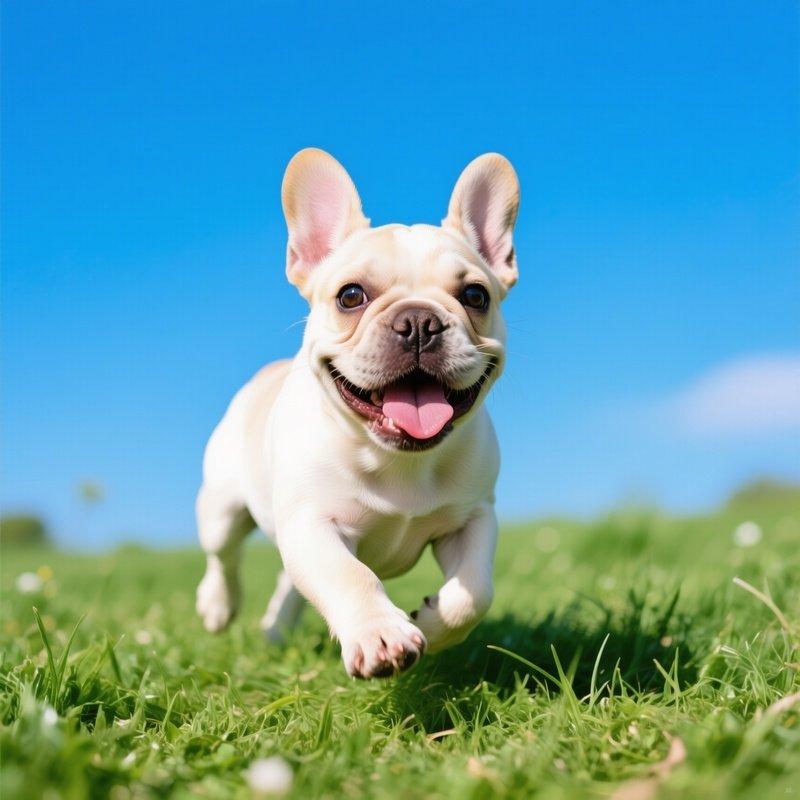 A Cute Puppy French Bulldog Playing In The Grass