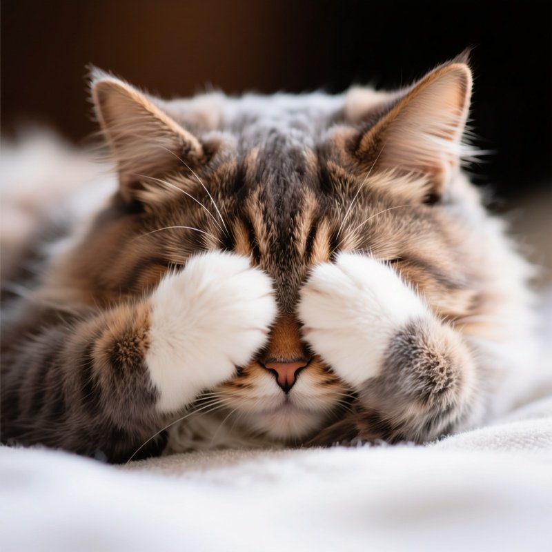 A Cute Ragamuffin Cat Sleeping With Paws Over Face