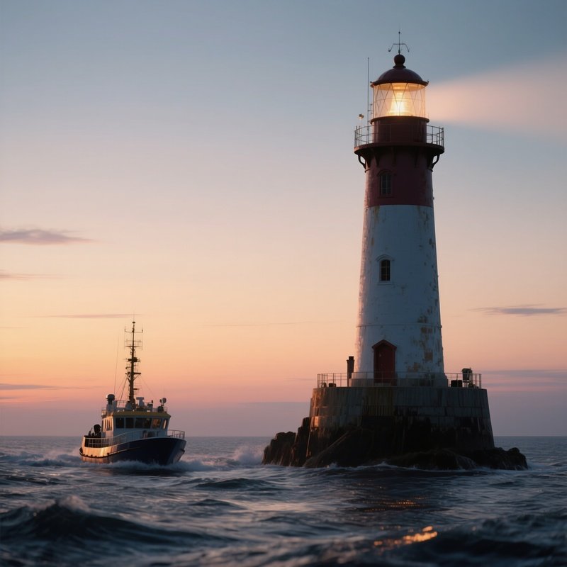 A Cutter Passing An Offshore Lighthouse At Dusk