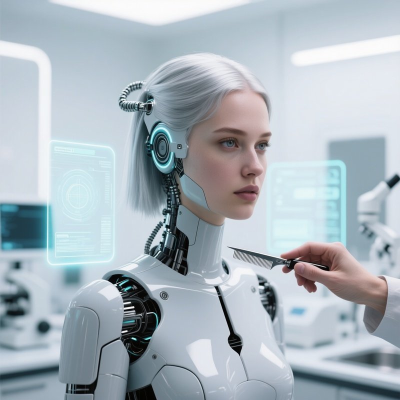 A Cybernetic Android With Synthetic Silver Hair Receives A Precision Cut In A Sterile White Lab,