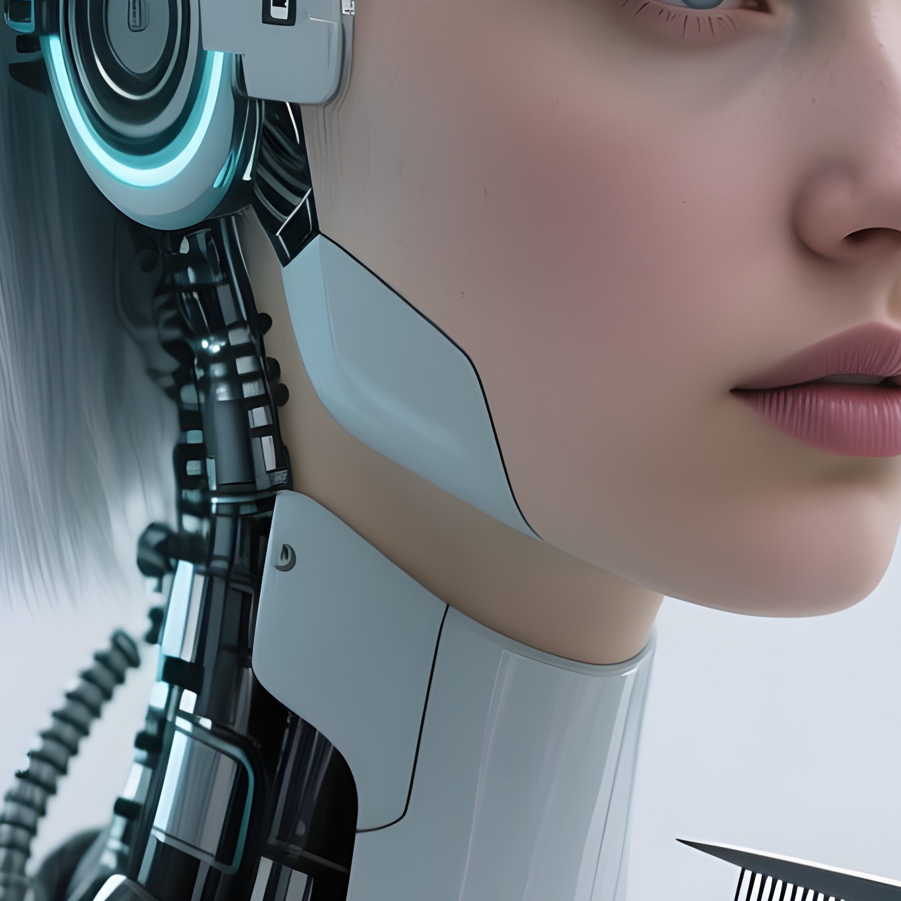A Cybernetic Android With Synthetic Silver Hair Receives A Precision Cut In A Sterile White Lab, - Full Resolution Quality Preview