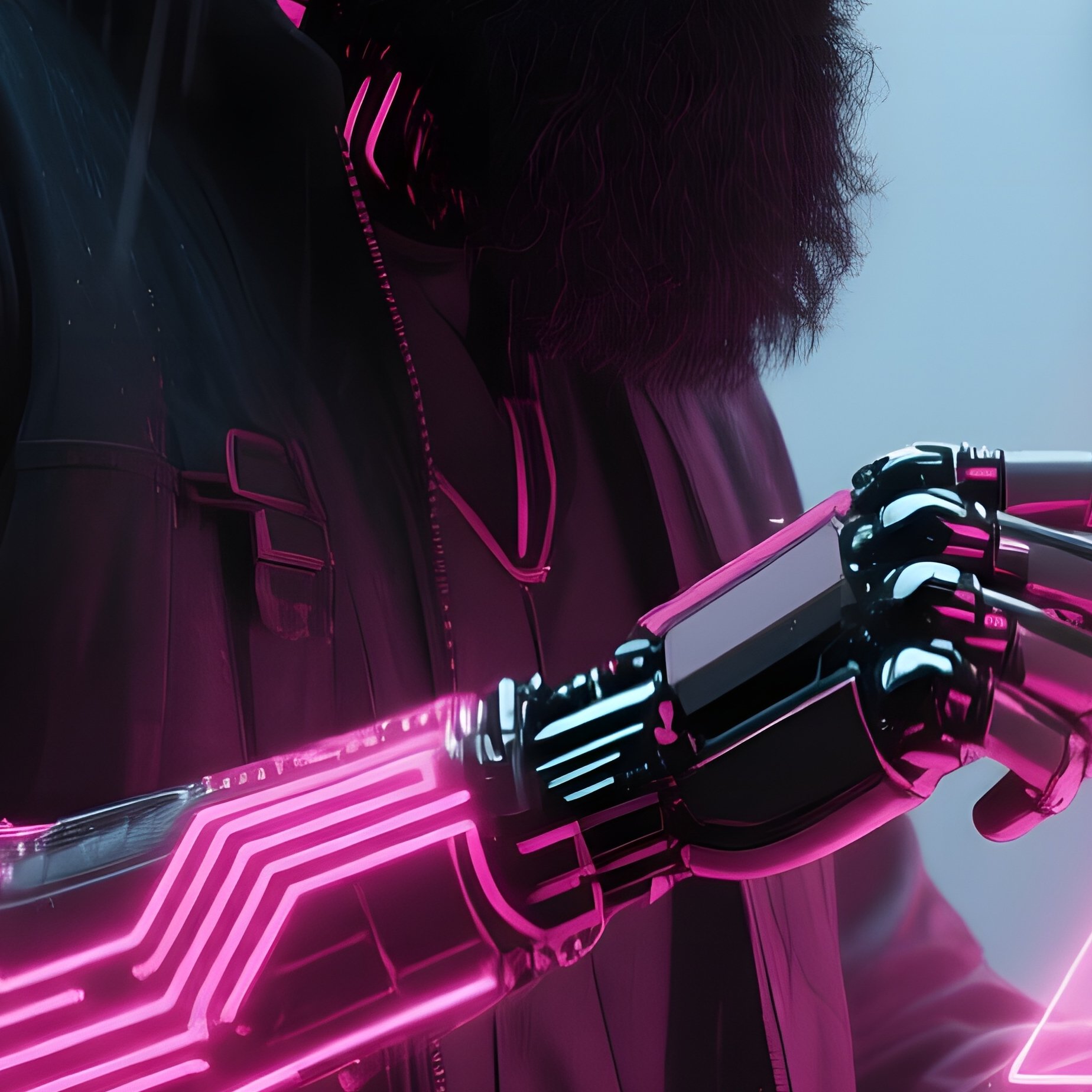 A Cybernetic Engineer With Neon‑Pink Circuitry Woven Into His Thick Black Beard Calibrates A - Full Resolution Quality Preview