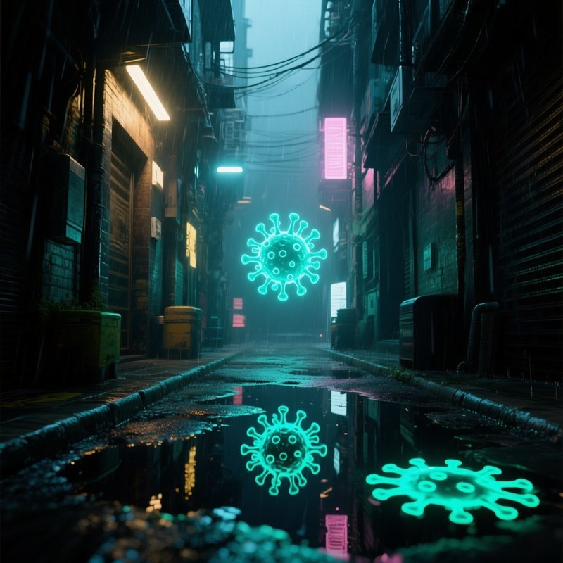 A Cyberpunk Alleyway Drenched In Rain, Puddles Reflecting Distorted Holographic Virus Symbols That