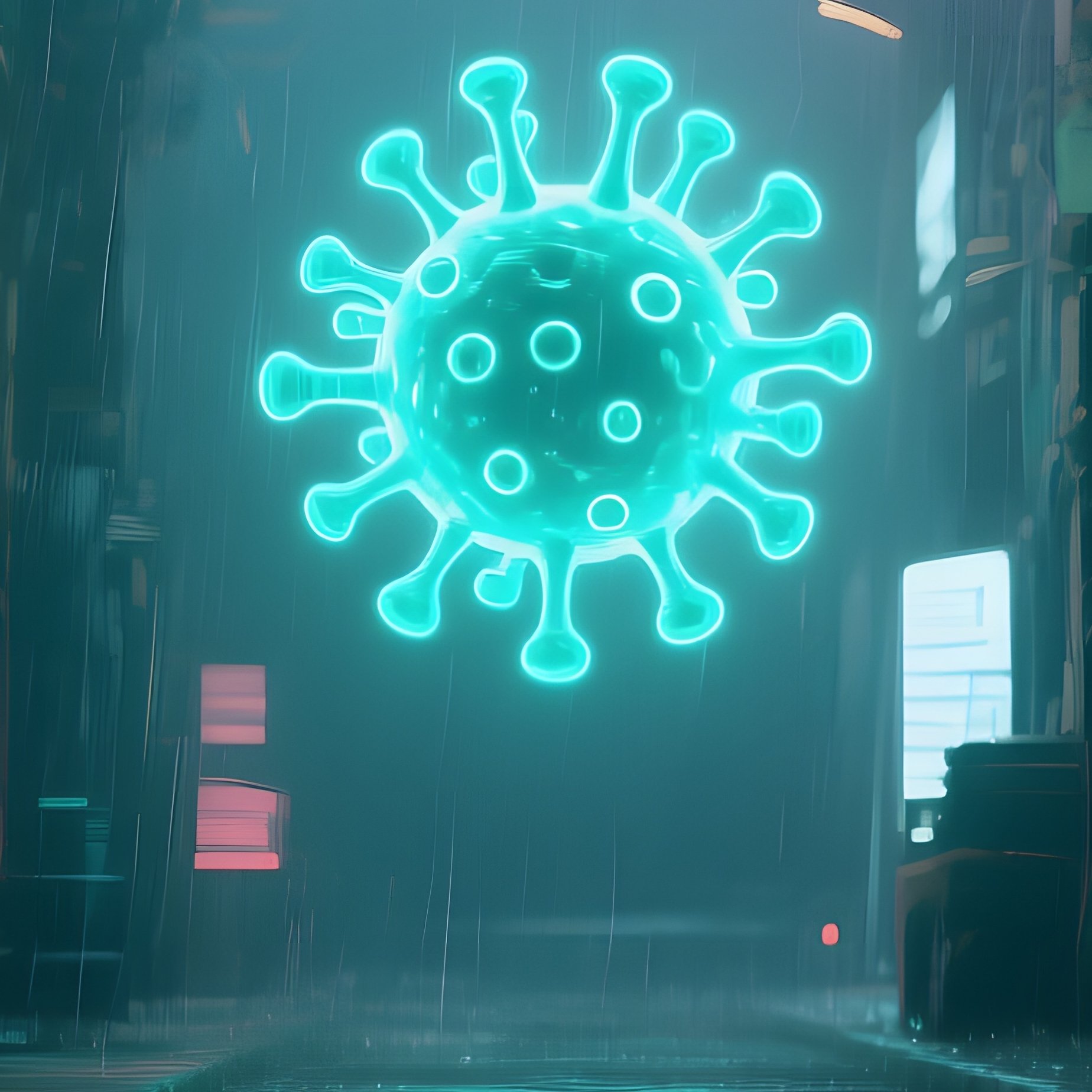 A Cyberpunk Alleyway Drenched In Rain, Puddles Reflecting Distorted Holographic Virus Symbols That - Full Resolution Quality Preview