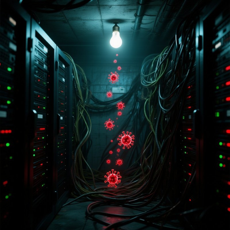 A Dark Basement Server Closet Illuminated By A Single Flickering Bulb, Cables Tangled Like Vines
