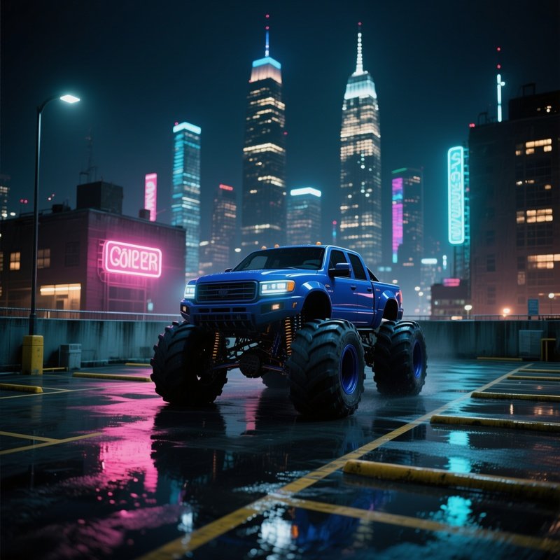 A Dark Blue Monster Truck Drives Through An Urban Rooftop Parking Lot At Night, Neon Signs