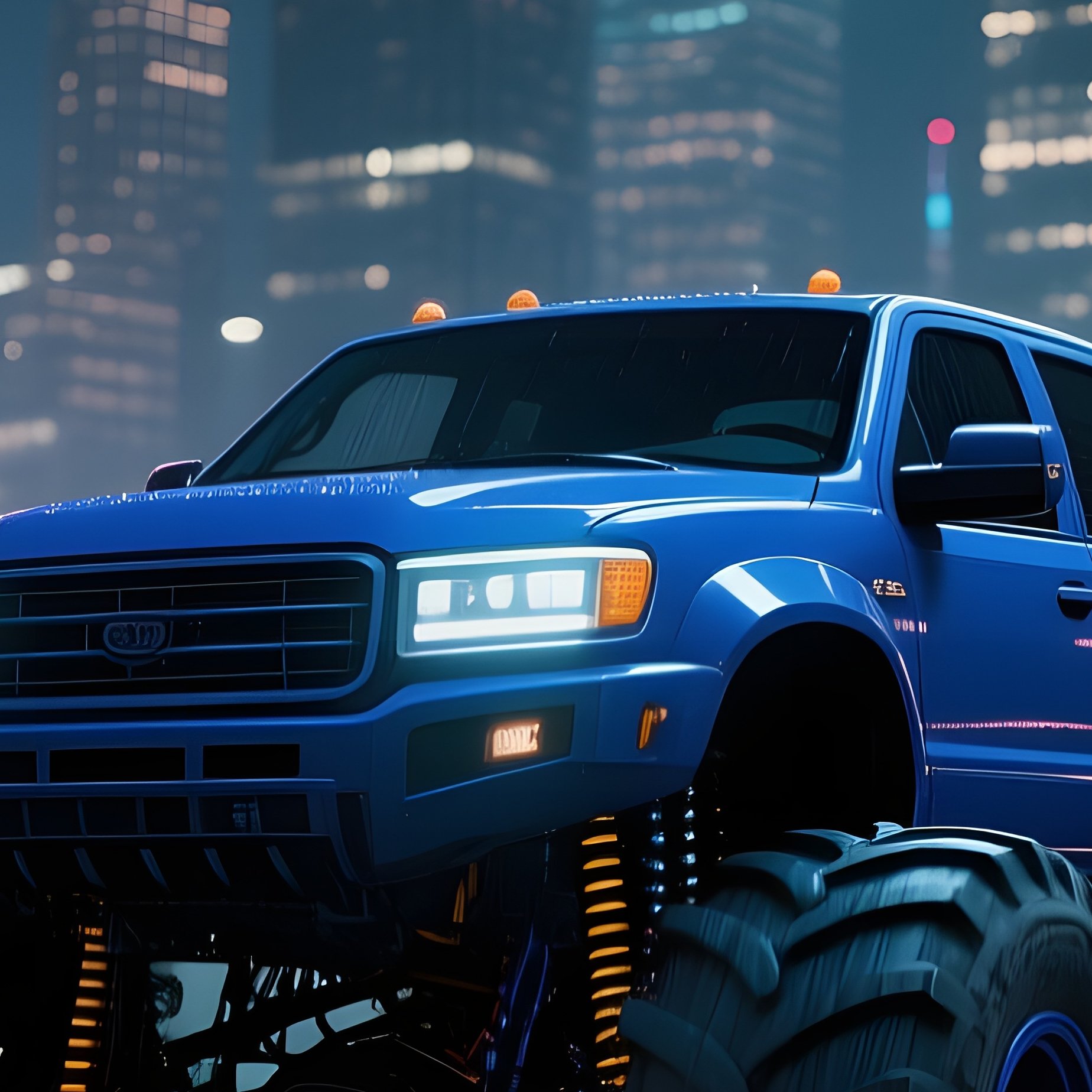 A Dark Blue Monster Truck Drives Through An Urban Rooftop Parking Lot At Night, Neon Signs - Full Resolution Quality Preview