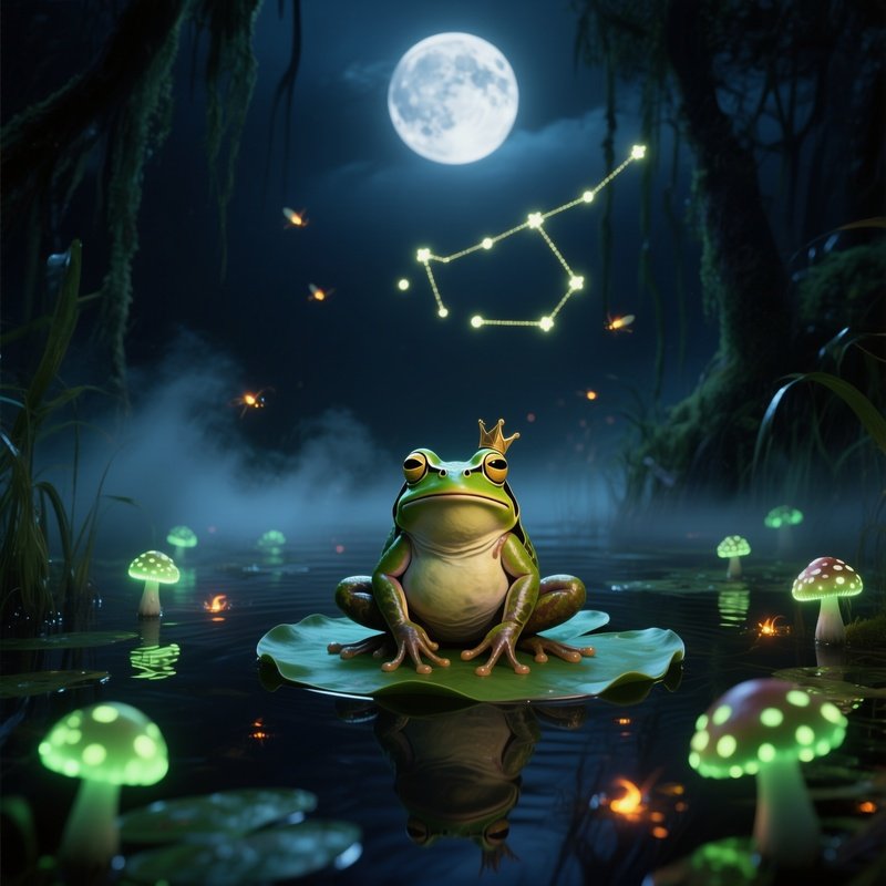 A Dark Swamp Under A Full Moon Where The Frog Prince Sits On A Lily Pad, Glowing Bioluminescent