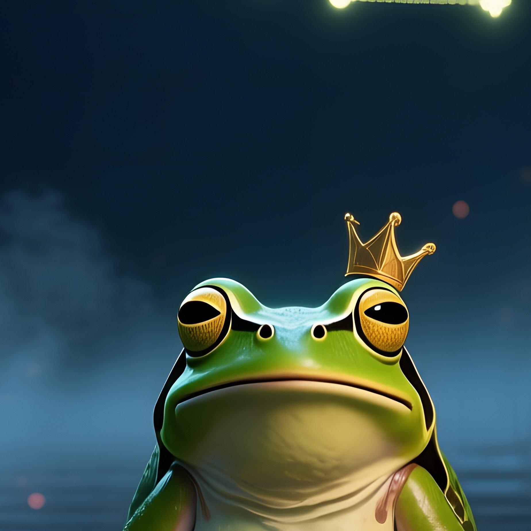 A Dark Swamp Under A Full Moon Where The Frog Prince Sits On A Lily Pad, Glowing Bioluminescent - Full Resolution Quality Preview