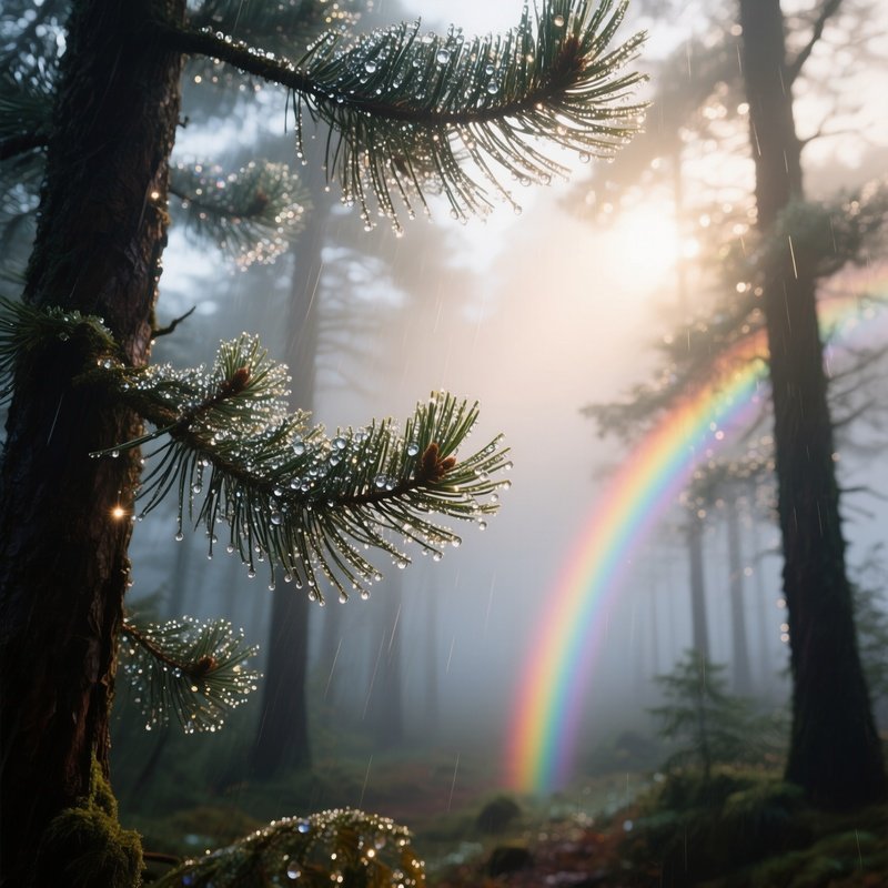 A Dawn Mist Rolling Through An Ancient Pine Forest, Each Needle Coated With Tiny Droplets That