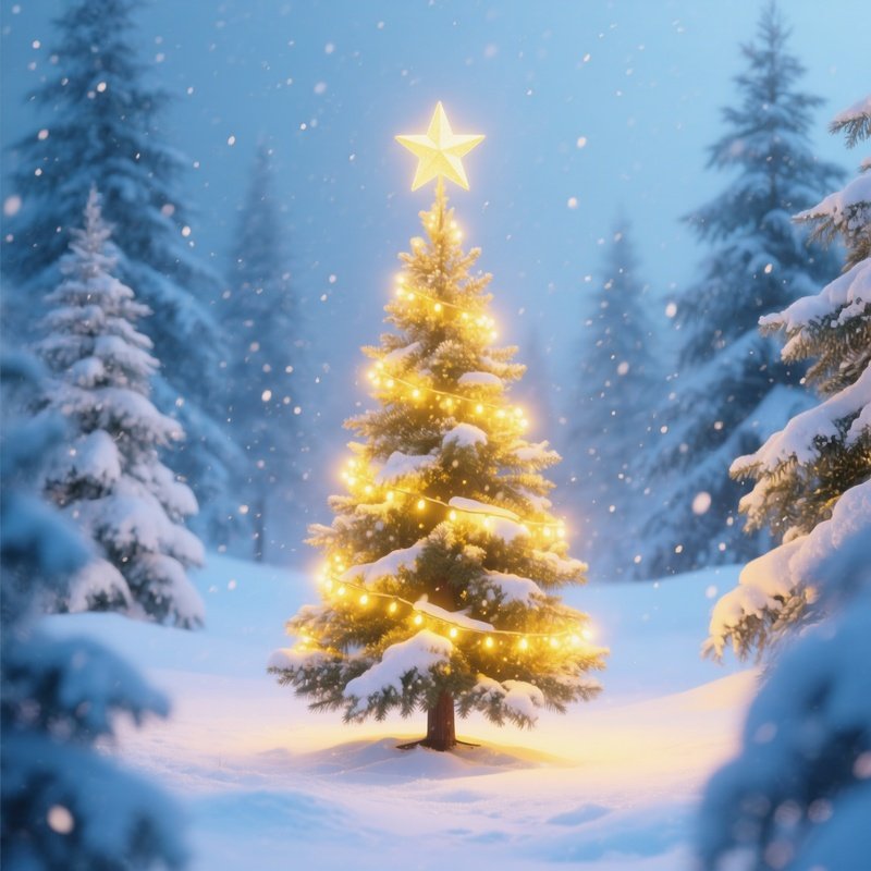 A Decorated Christmas Tree In A Snowy Landscape Christmas Winter