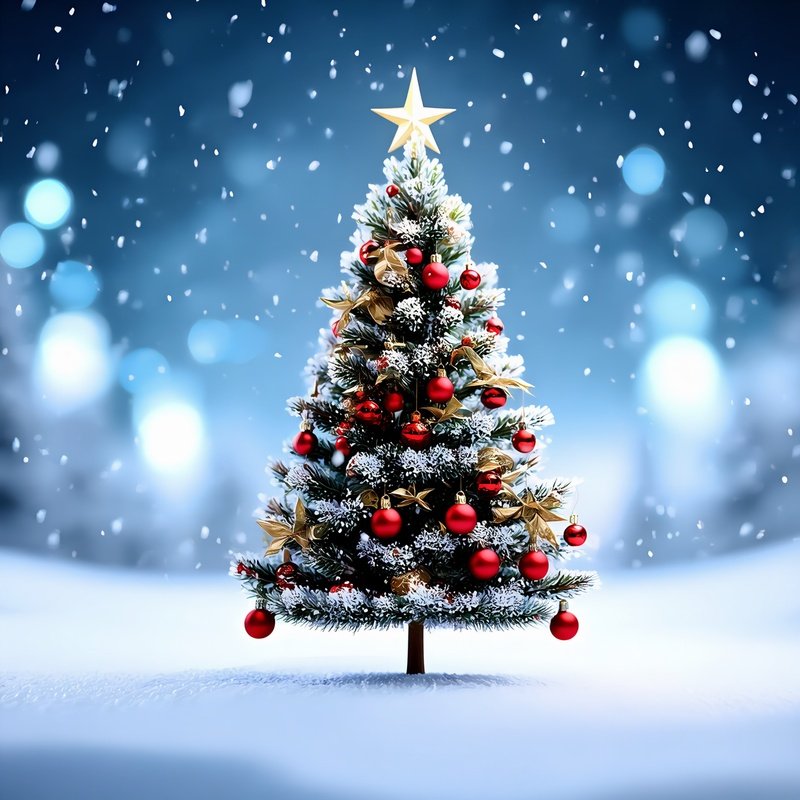 A Decorated Christmas Tree In A Snowy Landscape Christmas Winter