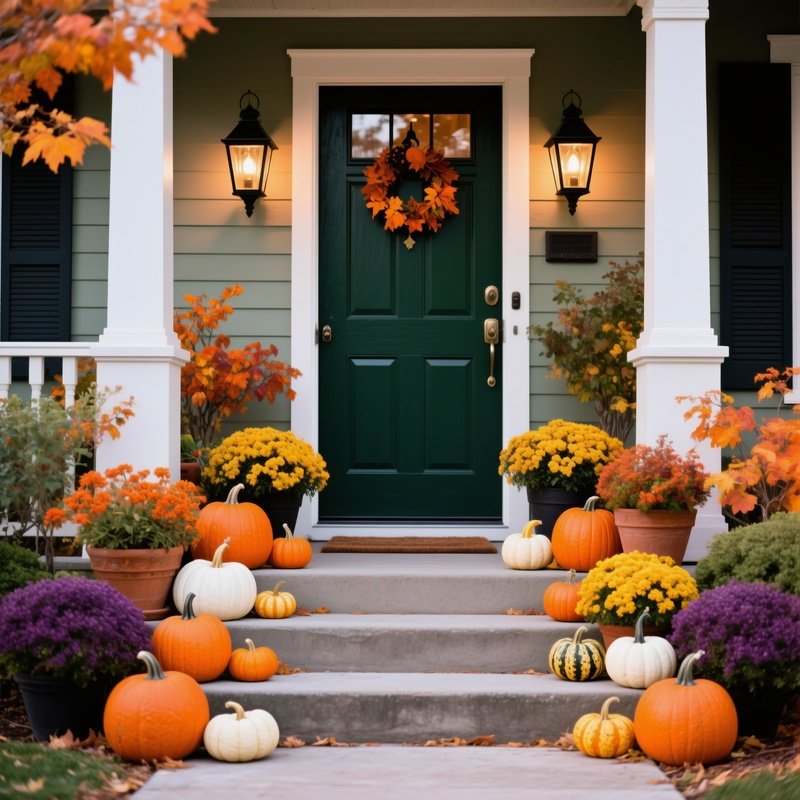 A Decorated Front Entrance Of A House Autumn Halloween