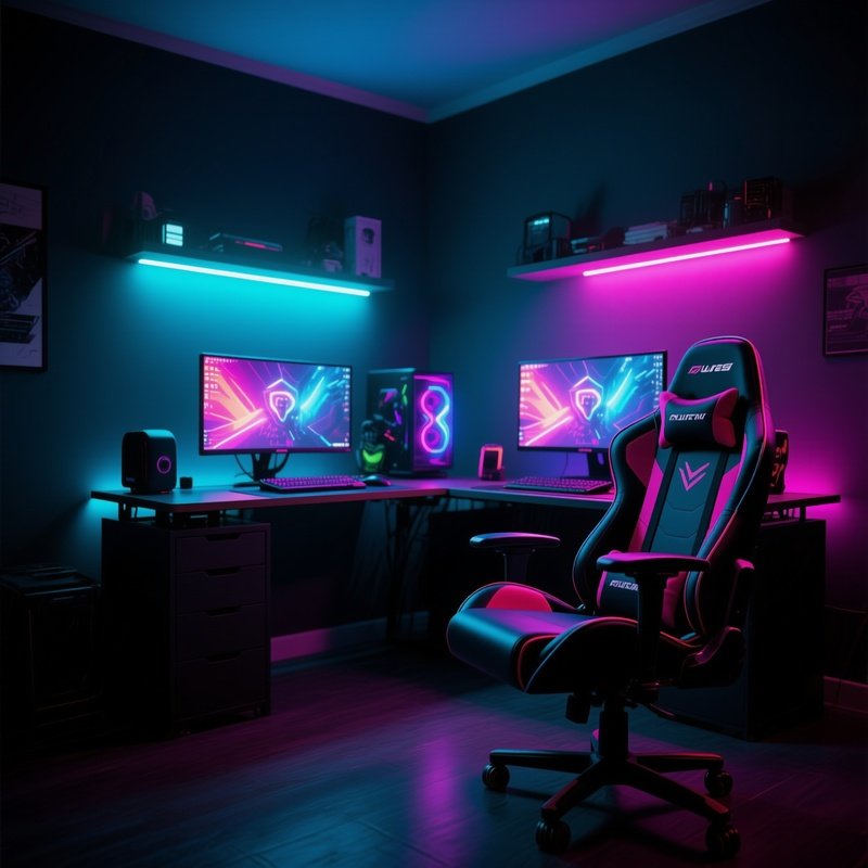 A Dedicated Gaming Desk Setup With Vibrant Rgb Lighting, Dual Monitors, And A Racing Style Gaming Chair In A Darkened, Immersive Room.