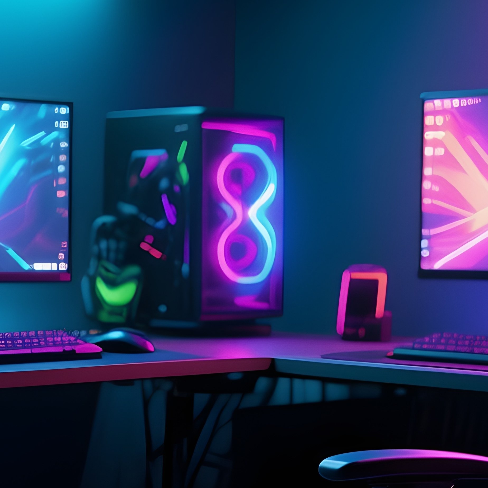 A Dedicated Gaming Desk Setup With Vibrant Rgb Lighting, Dual Monitors, And A Racing Style Gaming Chair In A Darkened, Immersive Room. - Full Resolution Quality Preview