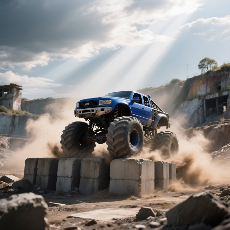 A Deep Blue Monster Truck Barrels Over A Series Of Massive Concrete Blocks On An Abandoned Quarry,