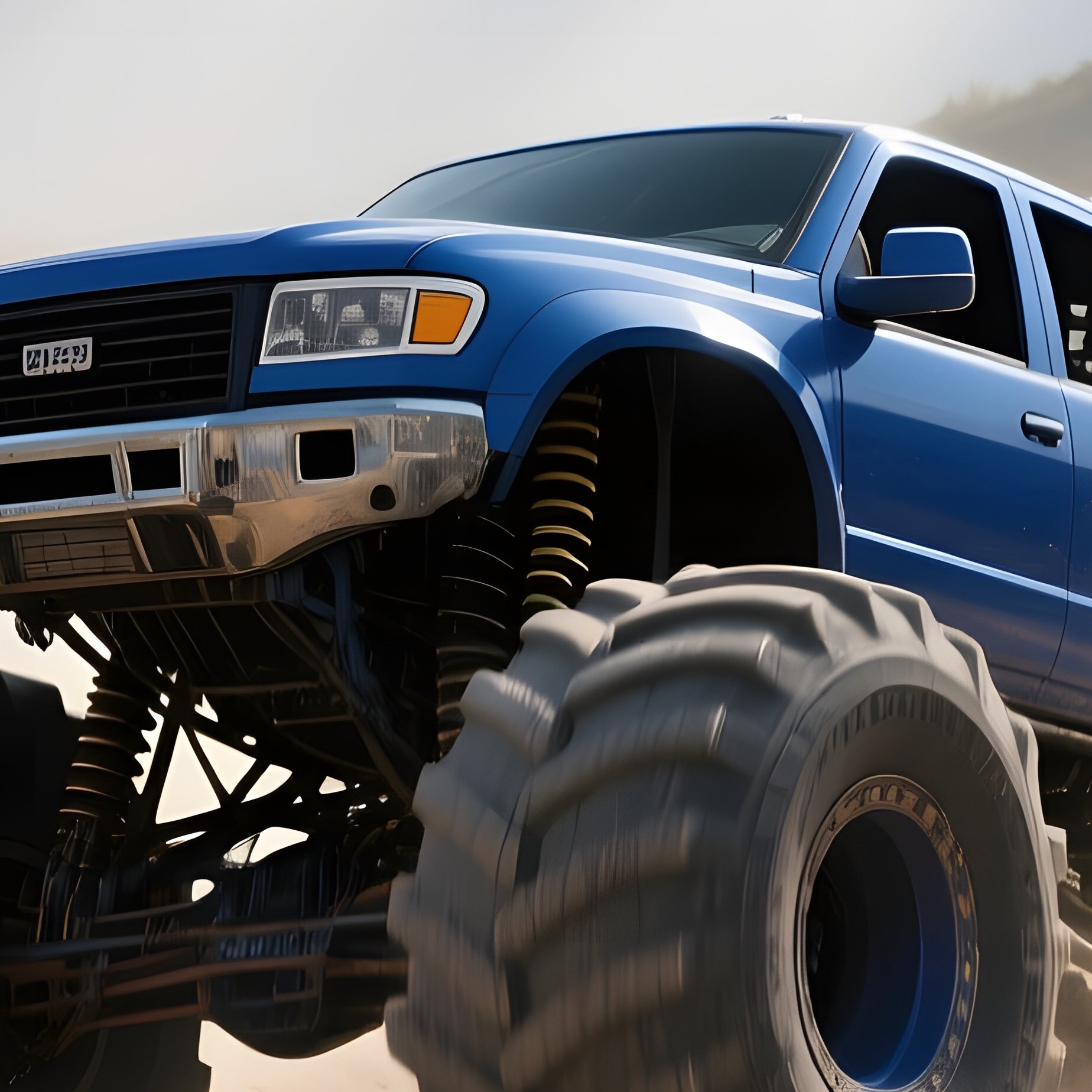 A Deep Blue Monster Truck Barrels Over A Series Of Massive Concrete Blocks On An Abandoned Quarry, - Full Resolution Quality Preview